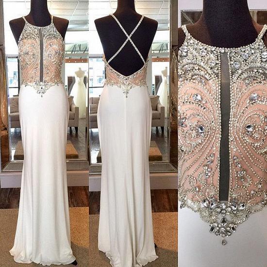 Crystal Sheath Floor Length Evening Dresses Crossed Back Beading Party Gowns_3