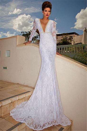Sexy V-Neck Lace Bridal Dresses 2022 White Mermaid Long Sleeve Wedding Dresses