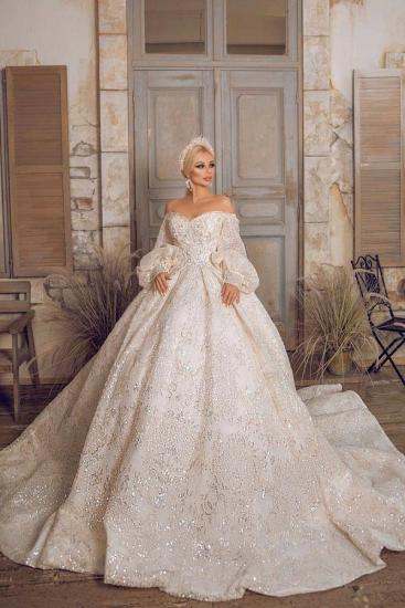 Romantic Off Shoulder puffy Sleeve Beadings Princess Ball Gown with Cathedral Train