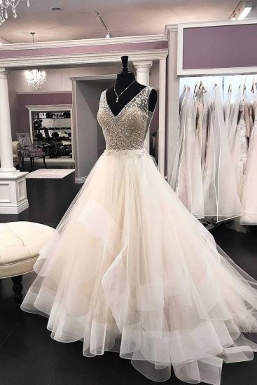 TsClothzone Chic Tulle V-Neck Sequins Wedding Dress Sweep Sleeveless Rhinestones Bridal Gowns On Sale