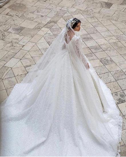 Glamorous V-Neck Long Sleeves A-line Princess Bridal Dress with Sweep Train_2