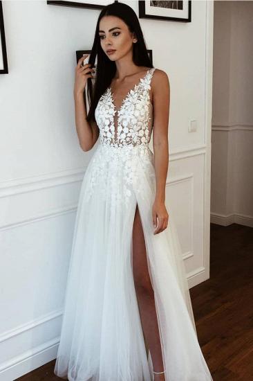Straps V-neck Appliques A-line Wedding Dresses | Side Split Tulle Bridal Gowns