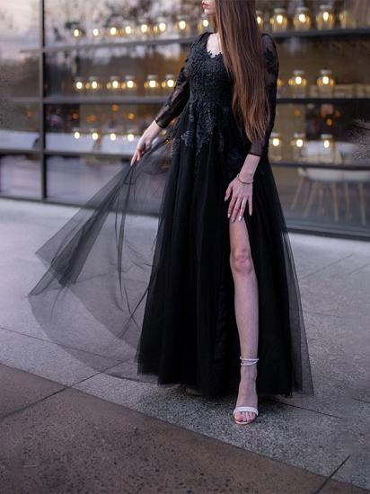 Long sleevels v-neck black a-line high split prom dress_4