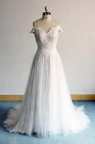 Wunderschönes schulterfreies Hochzeitskleid mit Herzapplikationen | A-Linie Spitze Rüschen Brautkleider_2