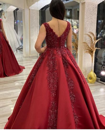 Stylish Burgundy Crew Neck Lace Aline Quinceanera Dress Evening Gown_2