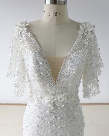 TsClothzone Elegant Stunning Sequins White Tulle Wedding Dress Sweep Train Mermaid Short Sleeve Bridal Gowns On Sale_4