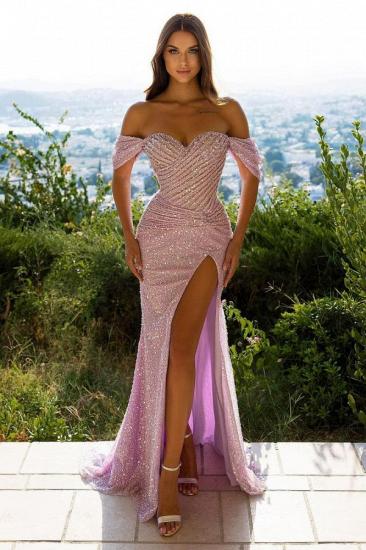 Side slit off-the-shoulder glitter sequined mermaid ball gown