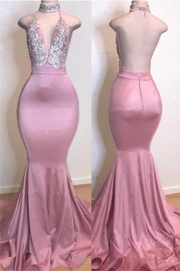 Cheap Open Back Pink Long Prom Dresses | Silver Crystals Appliques Mermaid Sexy Evening Gowns_1
