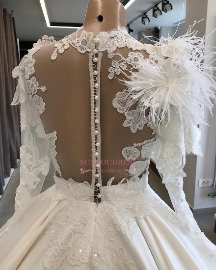 Long-Sleeves Brilliant High-Neck Appliques Flowers Feather Wedding Dresses_4