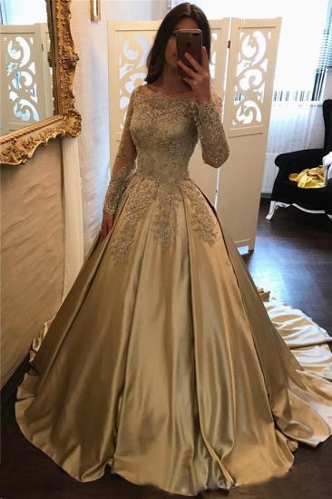 Long Sleeve Gold Lace Appliques Prom Dress 2022 Elegant Puffy Formal Evening Dress_2