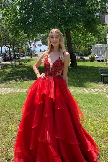 Sexy Dee V Neck Red Organza Long Prom Dress | Layers Lace Straps Prom Gown
