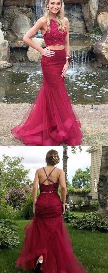 Two Piece Burgundy Lace Prom Dresses Sexy | 2022 Sleeveless Puffy Tulle Evening Gown_4