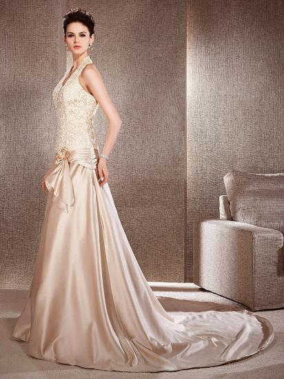 Affordable Princess A-Line Wedding Dress V-neck Lace Satin Sleeveless Bridal Gowns in Color with Chapel Train_6