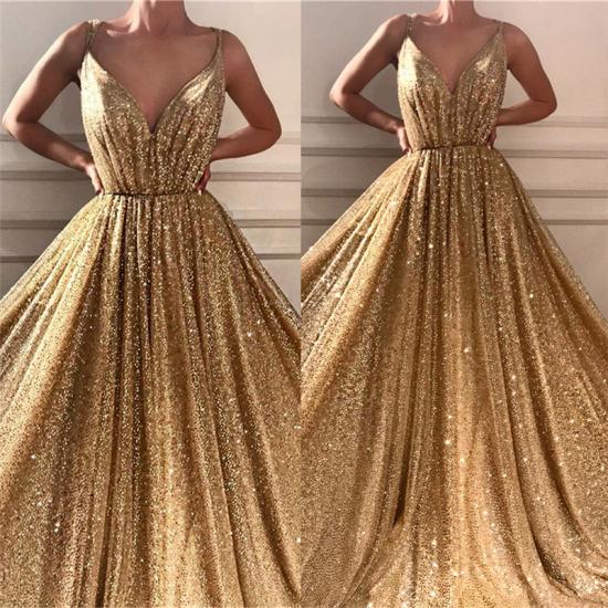 Glamorous Sequins Spaghetti Straps Long Prom Dress | Sparkle V Neck Sleeveless Gold Prom Dress_3