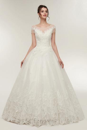 YVETTE | A-line Cap Sleeves Scoop Floor Length Lace Appliques Wedding Dresses with Crystals_5
