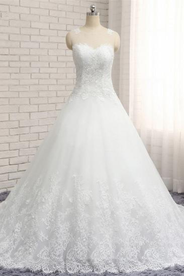 TsClothzone Glamorous Straps Jewel Sleeveless Wedding Dresses A line White Tulle Bridal Gowns With Appliques On Sale_2