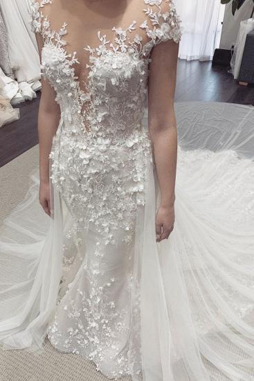 Unique Illusion neck See-through Lace Wedding Dress with Court Train