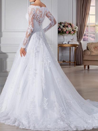 A-Line Wedding Dress Off Shoulder Lace Long Sleeves Bridal Gowns Formal with Sweep Train_2