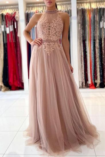 Stunning Halter Lace Appliques Tulle Aline Evening Maxi Dress