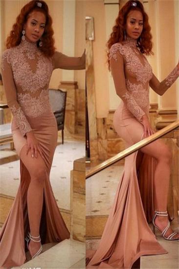 Gorgeous High Neck Applique Long Sleeves Prom Dresses | Sexy Mermaid Side Slit Evening Dresses with Beads