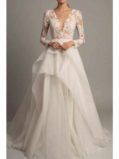 Romantic A-Line Wedding Dress V-Neck Lace Tulle Long Sleeve Sexy Backless Bridal Gowns Court Train