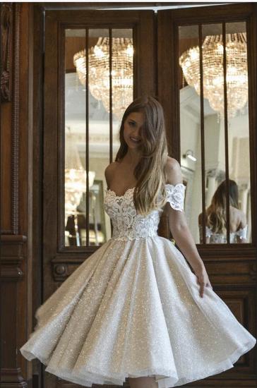 Mode schulterfreies Spitzenapplikationen kurzes Hochzeitskleid Pailletten-Pailletten-Brautkleid_3