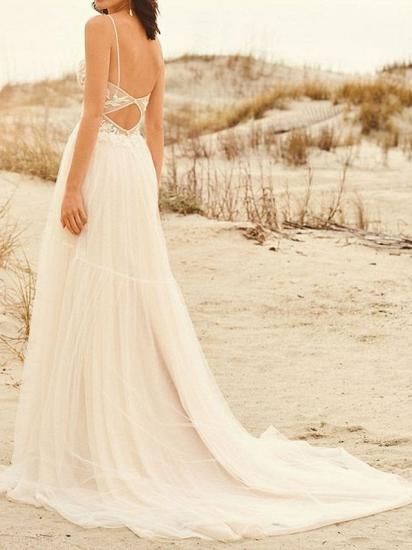 Spaghetti Straps Tulle V Neck A-Line Wedding Dresses With Lace Appliques_2