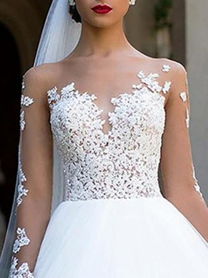 Formal Ball Gown A-Line Wedding Dress Jewel Lace Tulle Long Sleeve Sexy See-Through Backless Bridal Gowns with Sweep Train_3