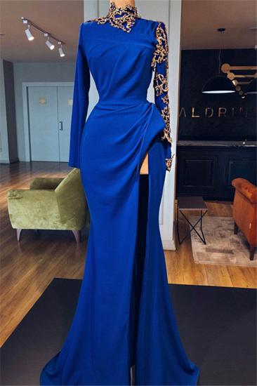 Royal Blue High Neck Side Slit Mermaid Prom Dresses | Elegant Long Sleeves Appliques Evening Gowns_3