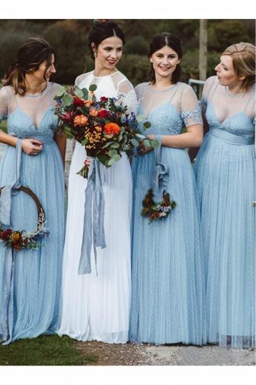 Blaues, plissiertes Brautjungfernkleid mit Schlingen- und Bodenspitze_1