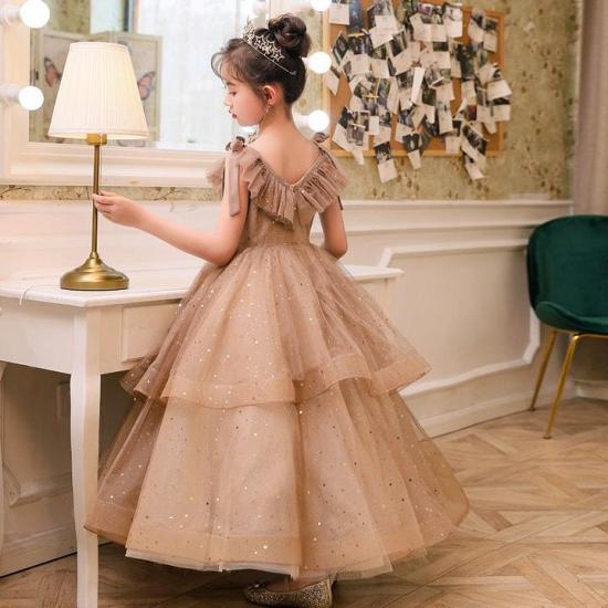 Romantische V-Ausschnitt Riemen Tüll geschwollene Prinzessin Blumenmädchenkleider | V-back Kids für Dress For Wedding_1