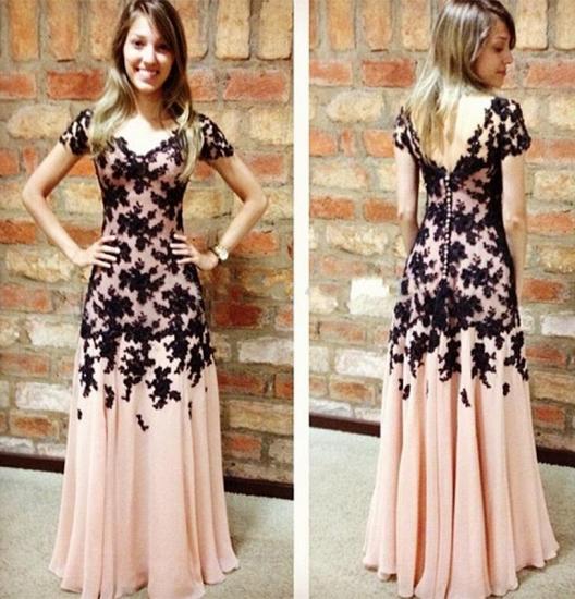 Elegant A-Line Black Lace Applique Prom Dress Short Sleeve Chiffon Long Evening Gown_3