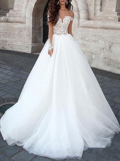 Charming Off The Shoulder White Tulle Backless Wedding Dresses With Lace Appliques