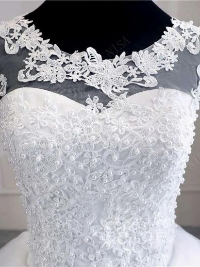 Short Sleeves Sweetheart Tulle White Lace Appliques Ball Gown Wedding Dresses_4