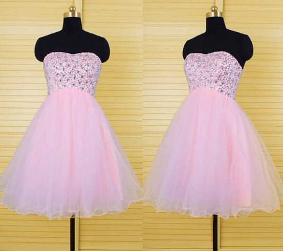 Cute Pink Crystal Mini Homecoming Dress New Arrival Sweetheart Organza Lace-Up Short Cocktail Dress_3