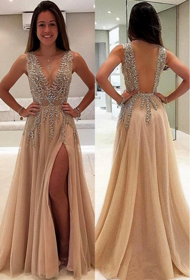 V-Neck A-line Crystal Prom Dresses | Sleeveless Side Slit Evening Dresses_2