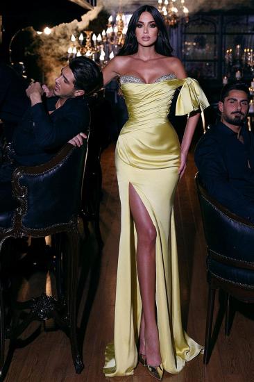 Yellow Long Side Slit Bandeau Collar Evening Dress | Glitter Prom Dress