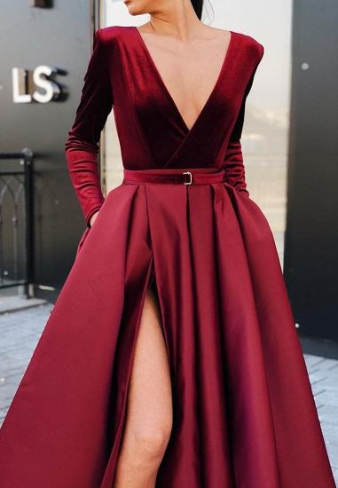 Beliebtes bodenlanges Abendkleid mit langen Ärmeln und tiefem V-Ausschnitt | 2022 Burgunder Front Split Prom Kleid BC0785_2