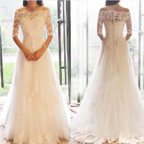 White Lace off The Shoulder Bridal Dresses Sweep Train Half Sleeve Tulle Wedding Dresses_2