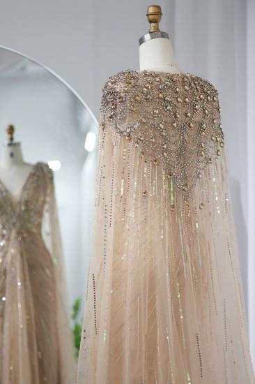 Luxuriöse Meerjungfrau-Abendkleider mit V-Ausschnitt, Kristallen, Pailletten und Cape-Ärmeln, langes Dubai-Partykleid für die Hochzeit_4