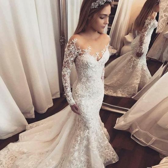 Elegant Long Sleeves Mermaid Wedding Dresses 2022 | Sheer Tulle Lace Bridal Gowns with Buttons_4
