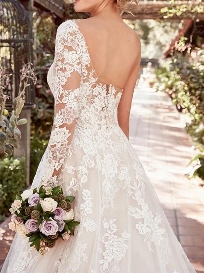 Affordable A-Line Wedding Dress One Shoulder Lace Tulle Long Sleeve Bridal Gowns with Court Train_2