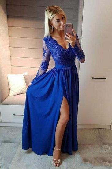 V-neck royal blue satin long-sleeved slit ball gown