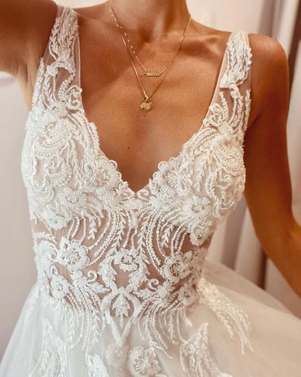 Elegant V Neck Sewing Beads Bridal Dress Sleeveless Belt Aline Wedding Dress_3