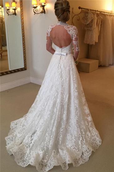 2022 High Neck Lace Open Back Wedding Dress Vintage Long Sleeves Bridal Gown with Bow_3