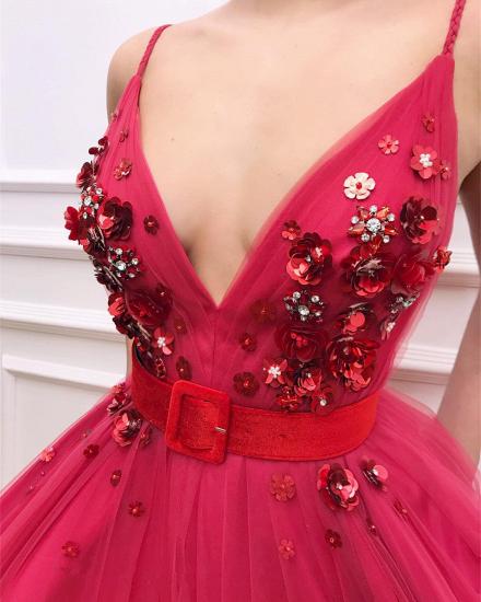 Sexy Spaghetti Straps V Neck Burgundy Prom Dress | Chic Tulle Flower Beading Long Prom Dress with Sash_2