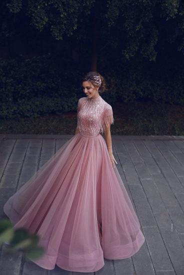 Special High Neck Tassel Beading Cap Sleeves Princess Prom Dresses | Blushing Pink Evening Gowns