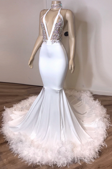 V-neck Sexy Backless White Prom Dresses with Feather | Mermaid Crystals Appliques Evening Gowns_1