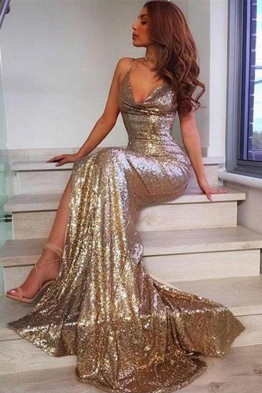 V-Neck Sequins Prom Dress | Mermaid Evening Dress With Slit_3