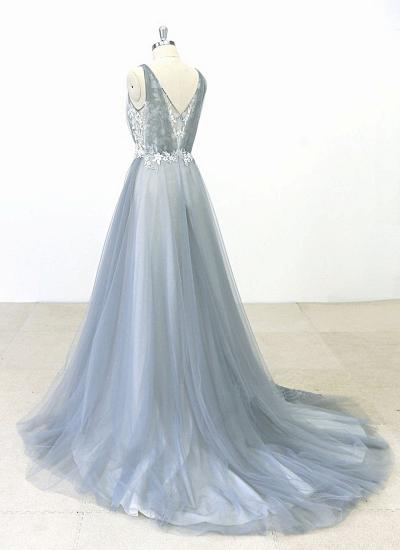 TsClothzone Elegant Gray Tulle Round Neck Beach Wedding Dress Jewel Sweep Train Bridal Gowns On Sale_4